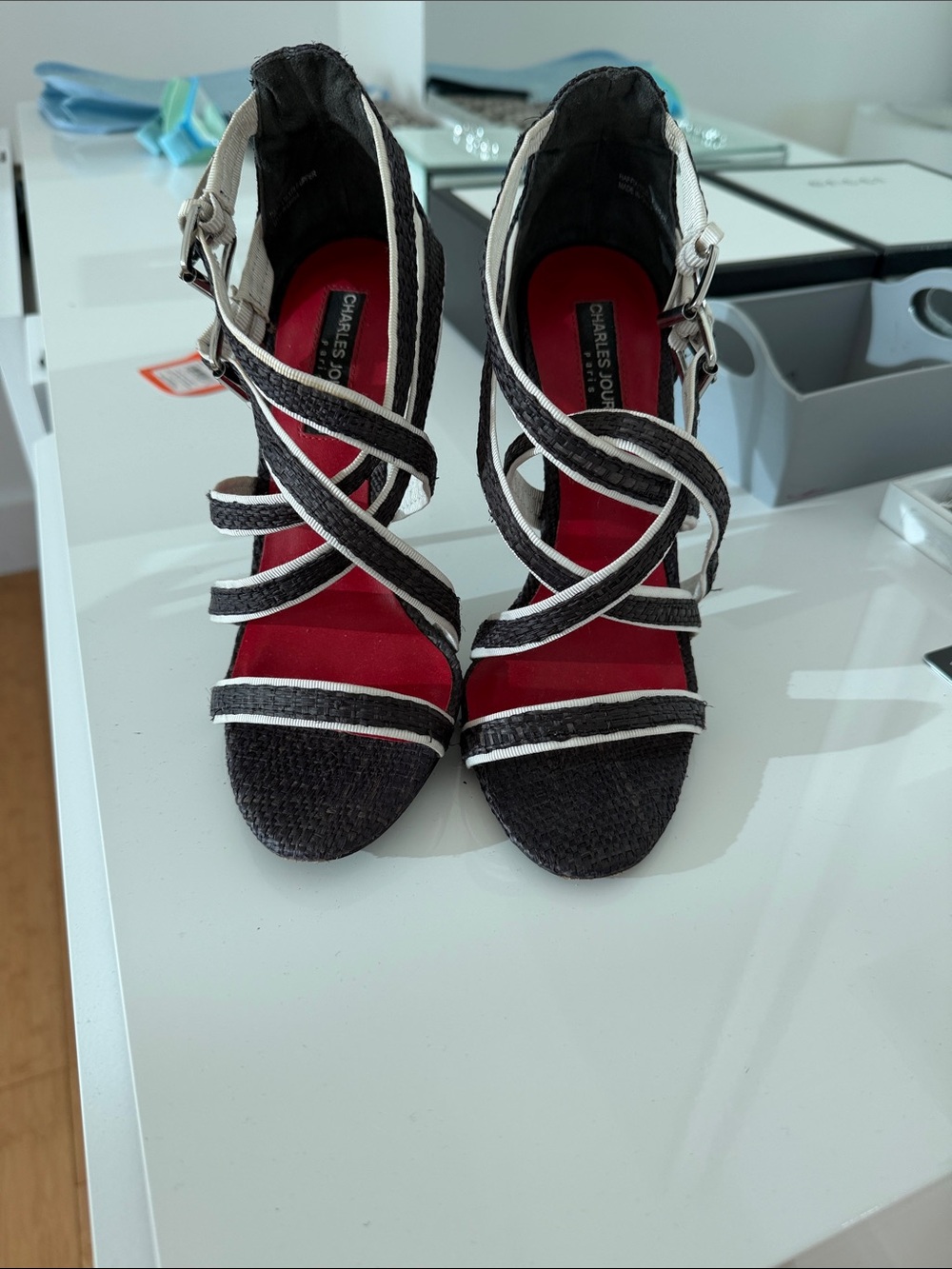 Charles Jourdan Black and Red Strappy Heels